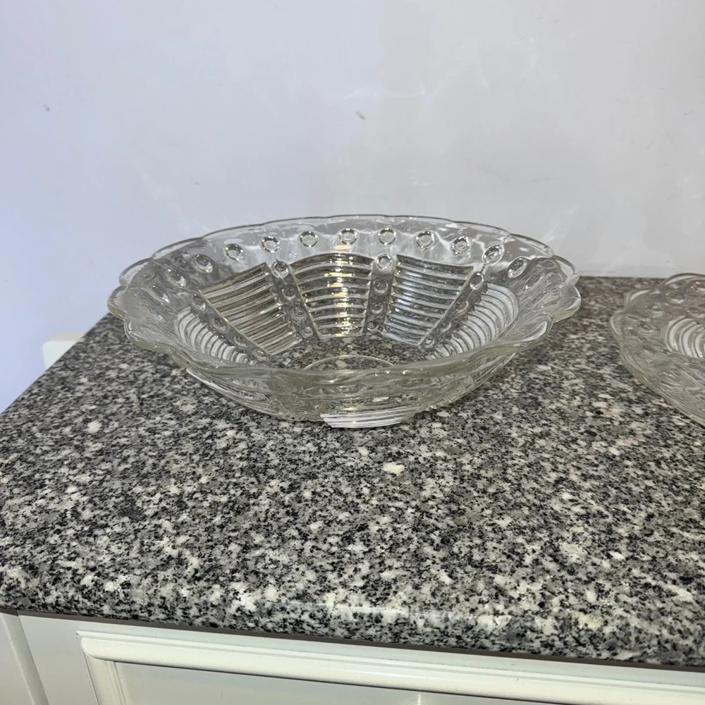 Vintage Serving Bowl and Platter Set Clear Pressed Glass Scalloped Edge